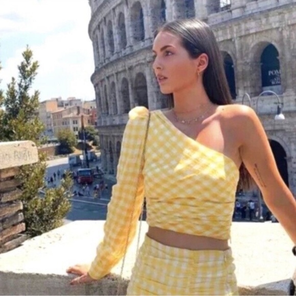Zara Asymmetric Venus Crop Top Yellow Gingham One Shoulder Size Small New NWT - Picture 1 of 13